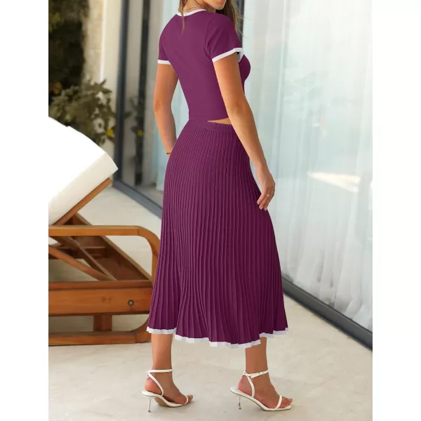 imageZESICA Womens Summer Casual Two Piece Sets Short Sleeve Top and Pleated Skirts Matching Lounge Set Vacation Travel OutfitsFuchsia