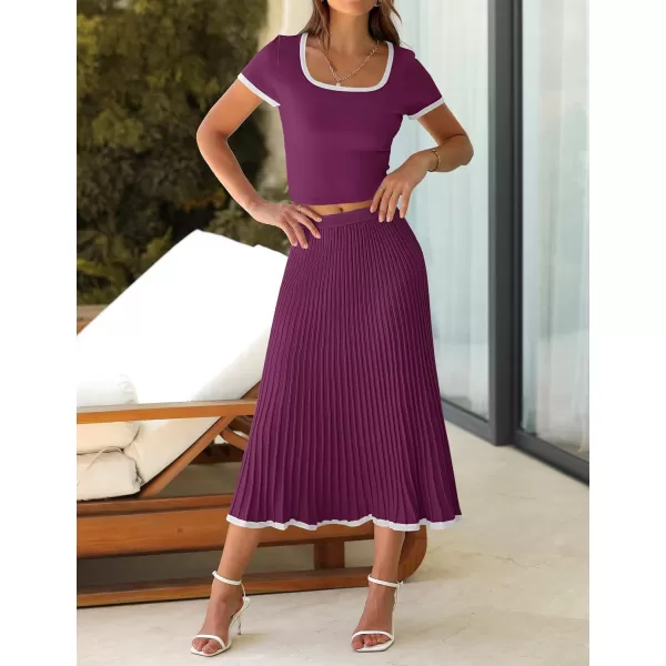 imageZESICA Womens Summer Casual Two Piece Sets Short Sleeve Top and Pleated Skirts Matching Lounge Set Vacation Travel OutfitsFuchsia