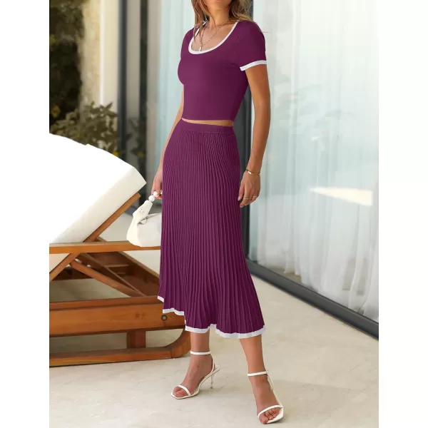 imageZESICA Womens Summer Casual Two Piece Sets Short Sleeve Top and Pleated Skirts Matching Lounge Set Vacation Travel OutfitsFuchsia