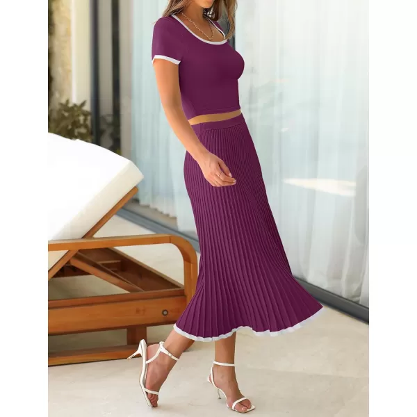 imageZESICA Womens Summer Casual Two Piece Sets Short Sleeve Top and Pleated Skirts Matching Lounge Set Vacation Travel OutfitsFuchsia