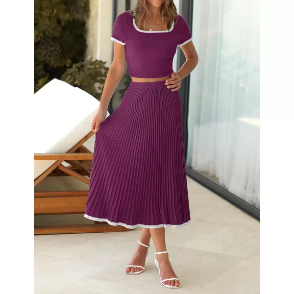 imageZESICA Womens Summer Casual Two Piece Sets Short Sleeve Top and Pleated Skirts Matching Lounge Set Vacation Travel OutfitsFuchsia