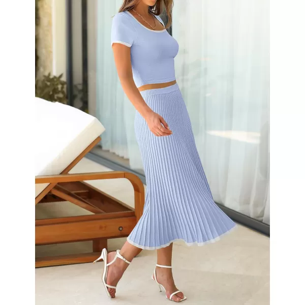 imageZESICA Womens Summer Casual Two Piece Sets Short Sleeve Top and Pleated Skirts Matching Lounge Set Vacation Travel OutfitsLightblue
