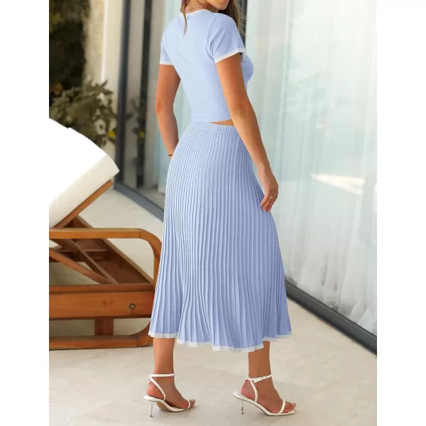 imageZESICA Womens Summer Casual Two Piece Sets Short Sleeve Top and Pleated Skirts Matching Lounge Set Vacation Travel OutfitsLightblue