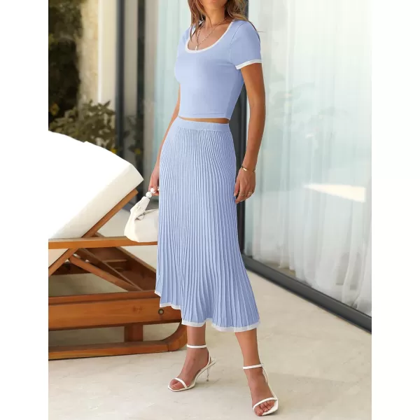 imageZESICA Womens Summer Casual Two Piece Sets Short Sleeve Top and Pleated Skirts Matching Lounge Set Vacation Travel OutfitsLightblue