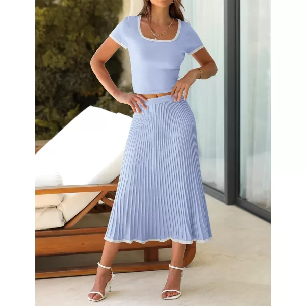 imageZESICA Womens Summer Casual Two Piece Sets Short Sleeve Top and Pleated Skirts Matching Lounge Set Vacation Travel OutfitsLightblue