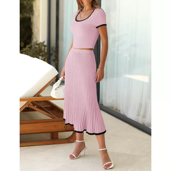 imageZESICA Womens Summer Casual Two Piece Sets Short Sleeve Top and Pleated Skirts Matching Lounge Set Vacation Travel OutfitsLightpink