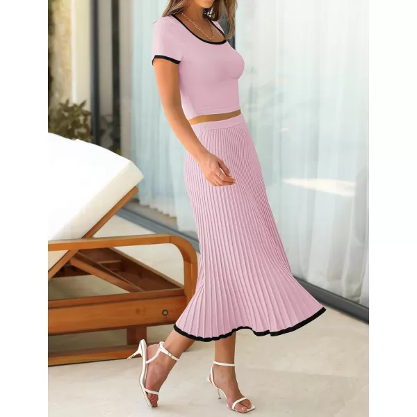 imageZESICA Womens Summer Casual Two Piece Sets Short Sleeve Top and Pleated Skirts Matching Lounge Set Vacation Travel OutfitsLightpink