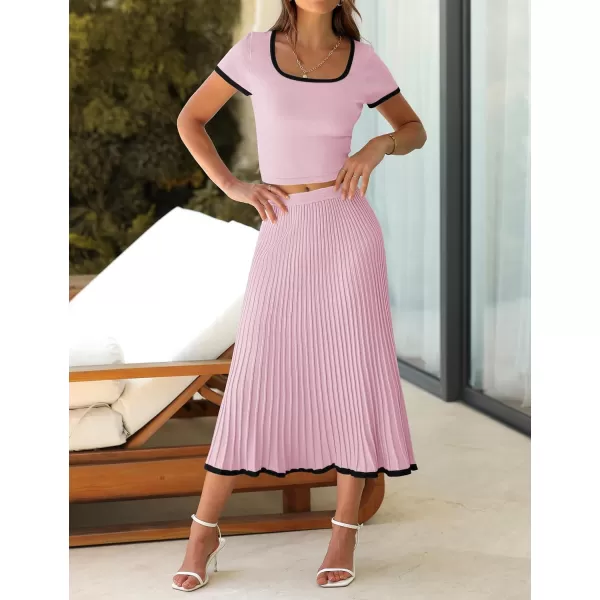 imageZESICA Womens Summer Casual Two Piece Sets Short Sleeve Top and Pleated Skirts Matching Lounge Set Vacation Travel OutfitsLightpink