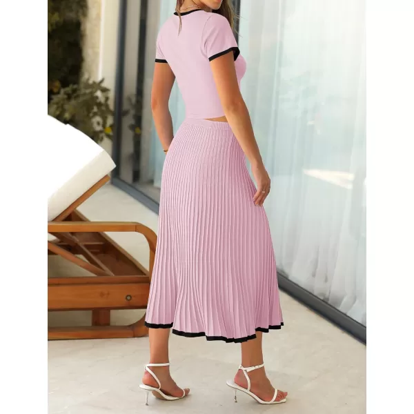 imageZESICA Womens Summer Casual Two Piece Sets Short Sleeve Top and Pleated Skirts Matching Lounge Set Vacation Travel OutfitsLightpink
