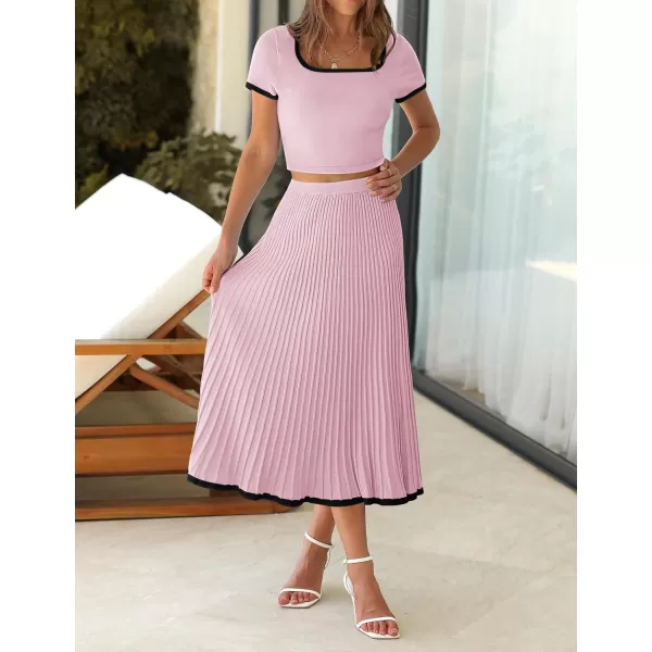 imageZESICA Womens Summer Casual Two Piece Sets Short Sleeve Top and Pleated Skirts Matching Lounge Set Vacation Travel OutfitsLightpink