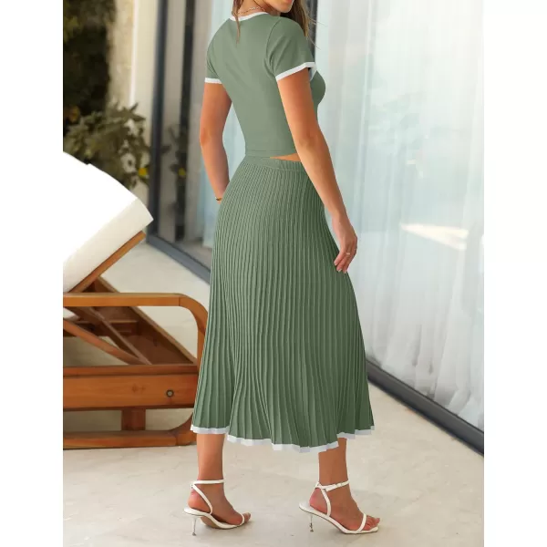 imageZESICA Womens Summer Casual Two Piece Sets Short Sleeve Top and Pleated Skirts Matching Lounge Set Vacation Travel OutfitsOlivegreen