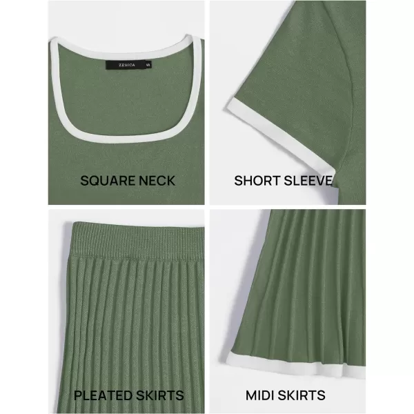 imageZESICA Womens Summer Casual Two Piece Sets Short Sleeve Top and Pleated Skirts Matching Lounge Set Vacation Travel OutfitsOlivegreen