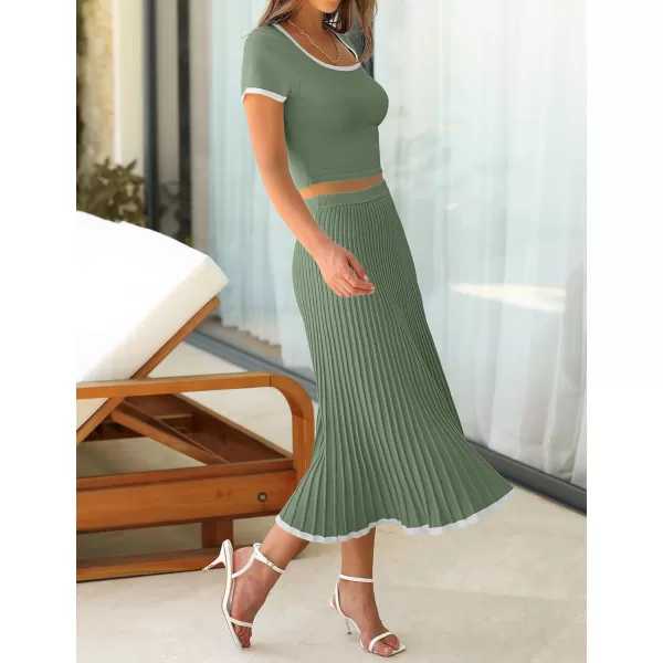 imageZESICA Womens Summer Casual Two Piece Sets Short Sleeve Top and Pleated Skirts Matching Lounge Set Vacation Travel OutfitsOlivegreen