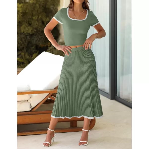 imageZESICA Womens Summer Casual Two Piece Sets Short Sleeve Top and Pleated Skirts Matching Lounge Set Vacation Travel OutfitsOlivegreen