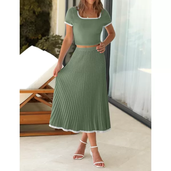 imageZESICA Womens Summer Casual Two Piece Sets Short Sleeve Top and Pleated Skirts Matching Lounge Set Vacation Travel OutfitsOlivegreen