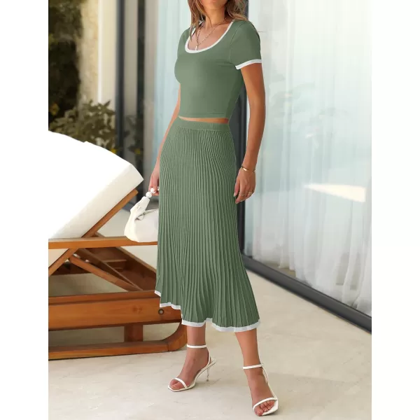 imageZESICA Womens Summer Casual Two Piece Sets Short Sleeve Top and Pleated Skirts Matching Lounge Set Vacation Travel OutfitsOlivegreen