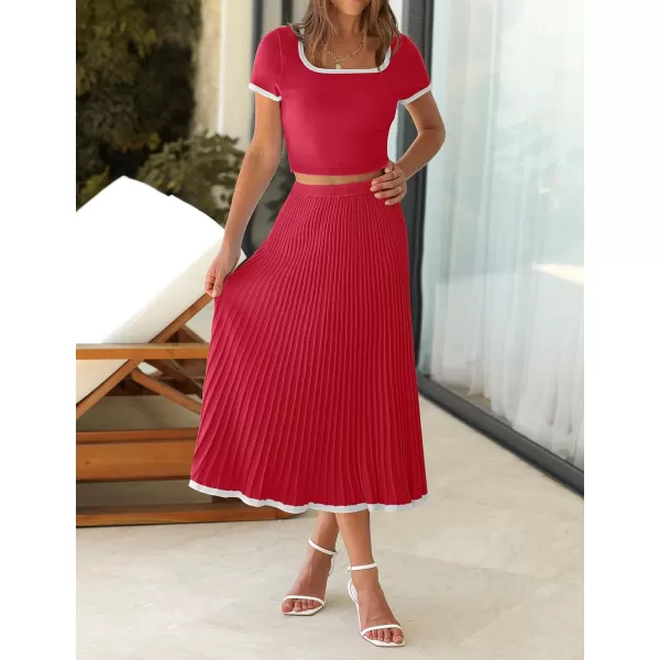 imageZESICA Womens Summer Casual Two Piece Sets Short Sleeve Top and Pleated Skirts Matching Lounge Set Vacation Travel OutfitsRed
