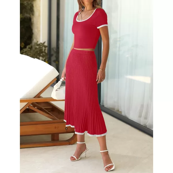 imageZESICA Womens Summer Casual Two Piece Sets Short Sleeve Top and Pleated Skirts Matching Lounge Set Vacation Travel OutfitsRed