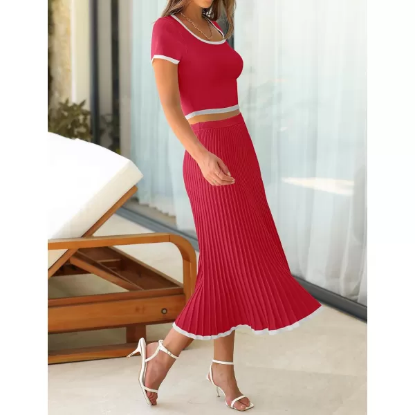 imageZESICA Womens Summer Casual Two Piece Sets Short Sleeve Top and Pleated Skirts Matching Lounge Set Vacation Travel OutfitsRed