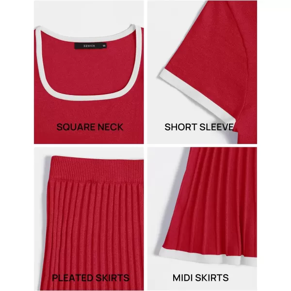 imageZESICA Womens Summer Casual Two Piece Sets Short Sleeve Top and Pleated Skirts Matching Lounge Set Vacation Travel OutfitsRed