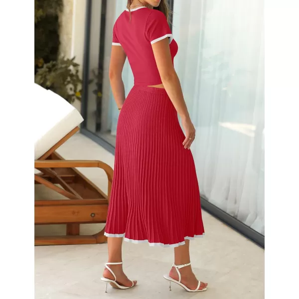 imageZESICA Womens Summer Casual Two Piece Sets Short Sleeve Top and Pleated Skirts Matching Lounge Set Vacation Travel OutfitsRed