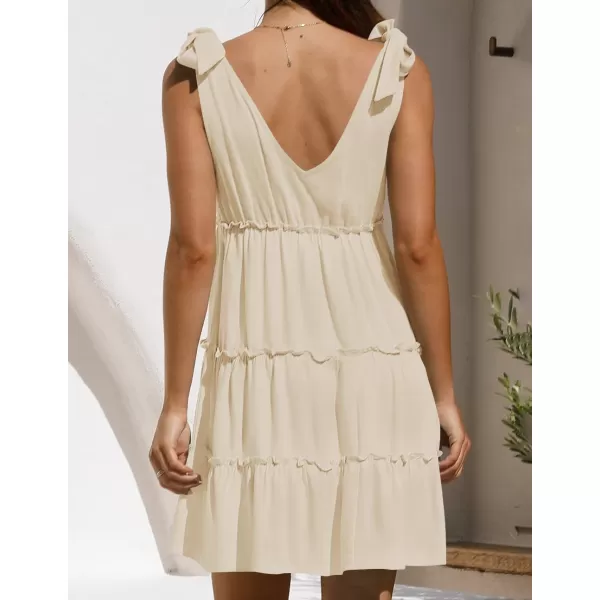 imageZESICA Womens Summer Casual V Neck Sleeveless Mini Dress 2024 Tie Shoulder Tiered Ruffle Swing A Line Short SundressesApricot