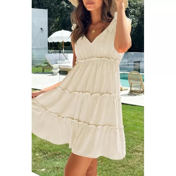 imageZESICA Womens Summer Casual V Neck Sleeveless Mini Dress 2024 Tie Shoulder Tiered Ruffle Swing A Line Short SundressesApricot