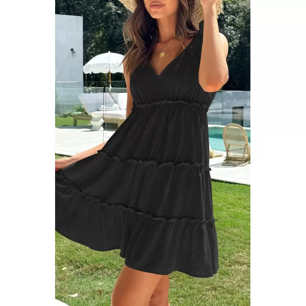 imageZESICA Womens Summer Casual V Neck Sleeveless Mini Dress 2024 Tie Shoulder Tiered Ruffle Swing A Line Short SundressesBlack