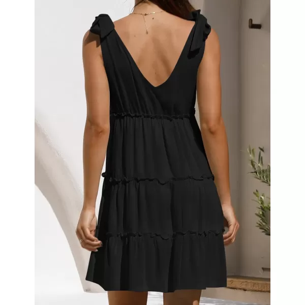 imageZESICA Womens Summer Casual V Neck Sleeveless Mini Dress 2024 Tie Shoulder Tiered Ruffle Swing A Line Short SundressesBlack