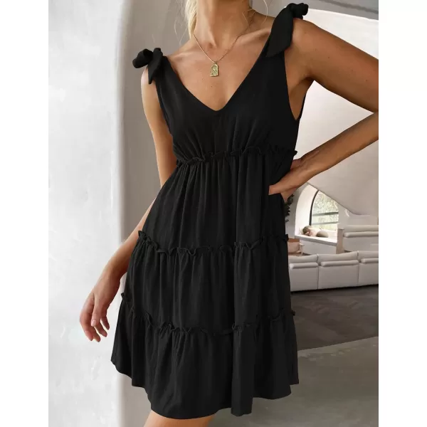 imageZESICA Womens Summer Casual V Neck Sleeveless Mini Dress 2024 Tie Shoulder Tiered Ruffle Swing A Line Short SundressesBlack