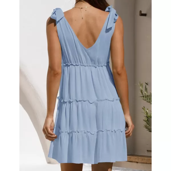imageZESICA Womens Summer Casual V Neck Sleeveless Mini Dress 2024 Tie Shoulder Tiered Ruffle Swing A Line Short SundressesBlue