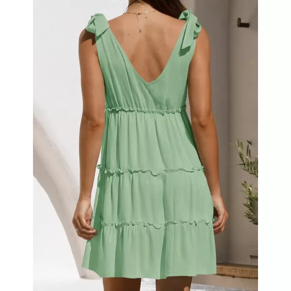 imageZESICA Womens Summer Casual V Neck Sleeveless Mini Dress 2024 Tie Shoulder Tiered Ruffle Swing A Line Short SundressesGreen