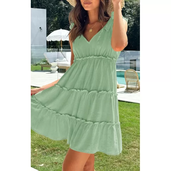 imageZESICA Womens Summer Casual V Neck Sleeveless Mini Dress 2024 Tie Shoulder Tiered Ruffle Swing A Line Short SundressesGreen
