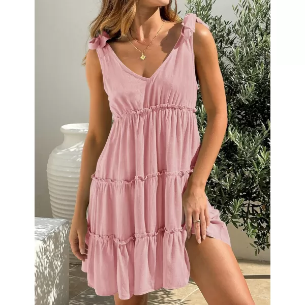 imageZESICA Womens Summer Casual V Neck Sleeveless Mini Dress 2024 Tie Shoulder Tiered Ruffle Swing A Line Short SundressesPink