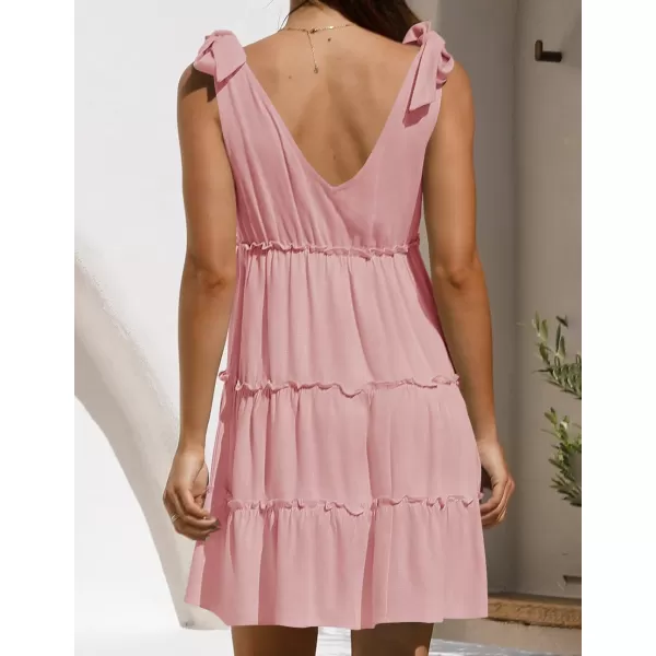 imageZESICA Womens Summer Casual V Neck Sleeveless Mini Dress 2024 Tie Shoulder Tiered Ruffle Swing A Line Short SundressesPink