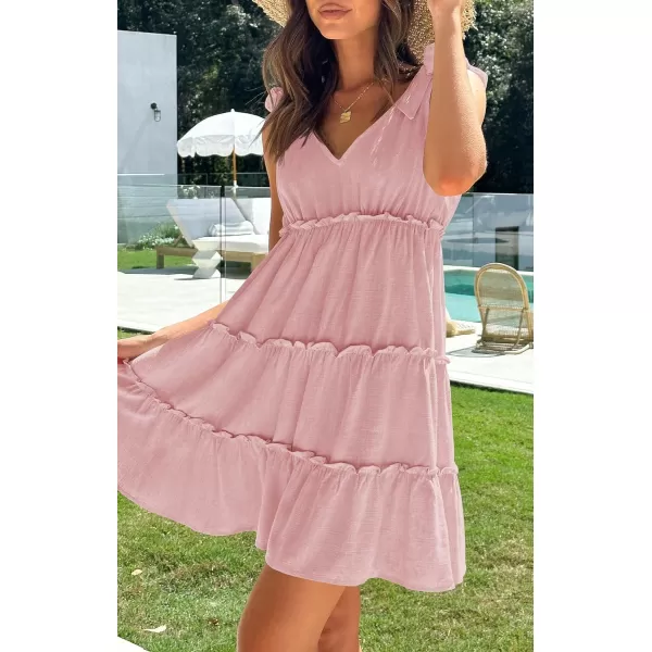 imageZESICA Womens Summer Casual V Neck Sleeveless Mini Dress 2024 Tie Shoulder Tiered Ruffle Swing A Line Short SundressesPink