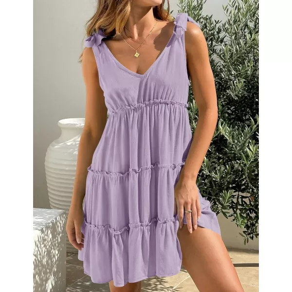 imageZESICA Womens Summer Casual V Neck Sleeveless Mini Dress 2024 Tie Shoulder Tiered Ruffle Swing A Line Short SundressesPurple