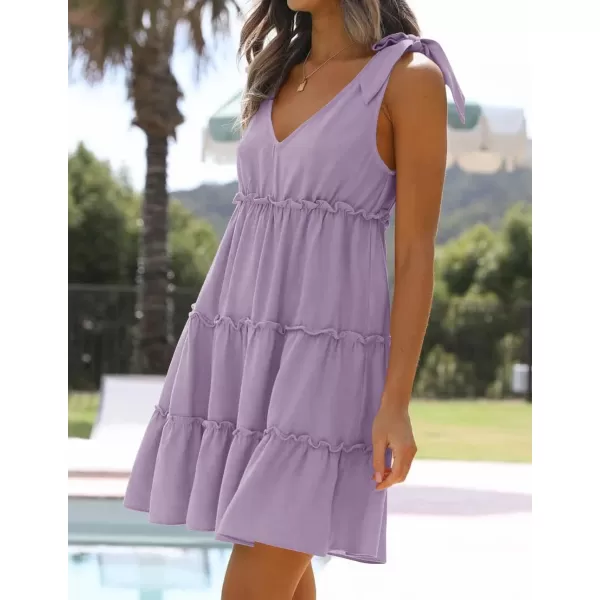 imageZESICA Womens Summer Casual V Neck Sleeveless Mini Dress 2024 Tie Shoulder Tiered Ruffle Swing A Line Short SundressesPurple