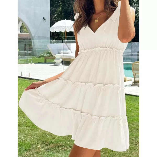 imageZESICA Womens Summer Casual V Neck Sleeveless Mini Dress 2024 Tie Shoulder Tiered Ruffle Swing A Line Short SundressesWhite
