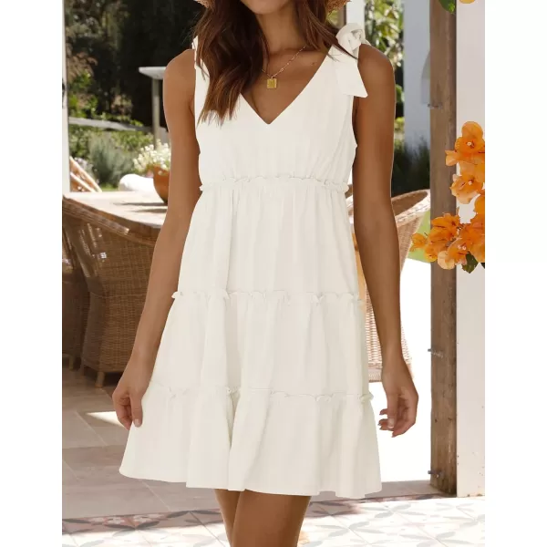 imageZESICA Womens Summer Casual V Neck Sleeveless Mini Dress 2024 Tie Shoulder Tiered Ruffle Swing A Line Short SundressesWhite