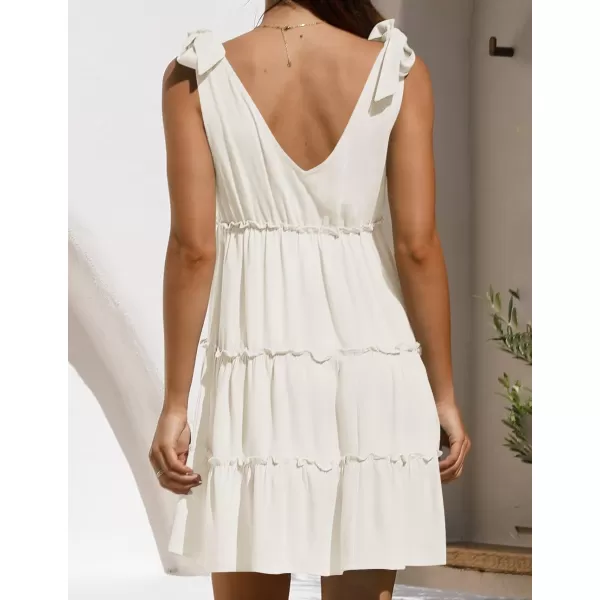 imageZESICA Womens Summer Casual V Neck Sleeveless Mini Dress 2024 Tie Shoulder Tiered Ruffle Swing A Line Short SundressesWhite