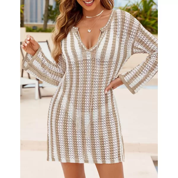 imageZESICA Womens Summer Crochet Swimsuit Cover Up Knit Hollow Out Bikini Bathing Suit 2024 Mesh Swimwear Beach DressApricot