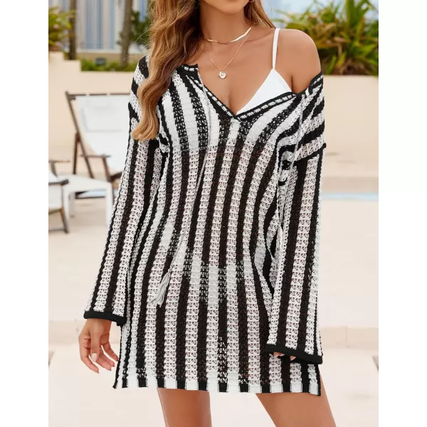 imageZESICA Womens Summer Crochet Swimsuit Cover Up Knit Hollow Out Bikini Bathing Suit 2024 Mesh Swimwear Beach DressBlack