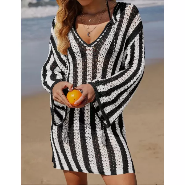 imageZESICA Womens Summer Crochet Swimsuit Cover Up Knit Hollow Out Bikini Bathing Suit 2024 Mesh Swimwear Beach DressBlack
