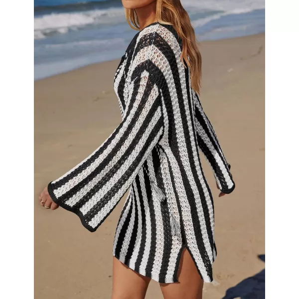 imageZESICA Womens Summer Crochet Swimsuit Cover Up Knit Hollow Out Bikini Bathing Suit 2024 Mesh Swimwear Beach DressBlack