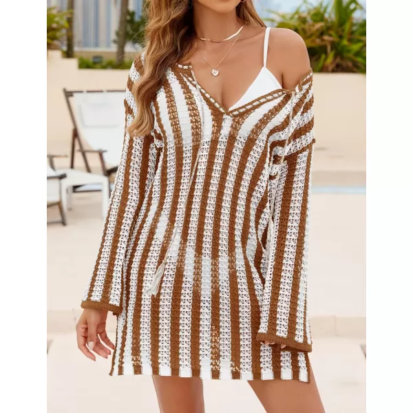 imageZESICA Womens Summer Crochet Swimsuit Cover Up Knit Hollow Out Bikini Bathing Suit 2024 Mesh Swimwear Beach DressBrown