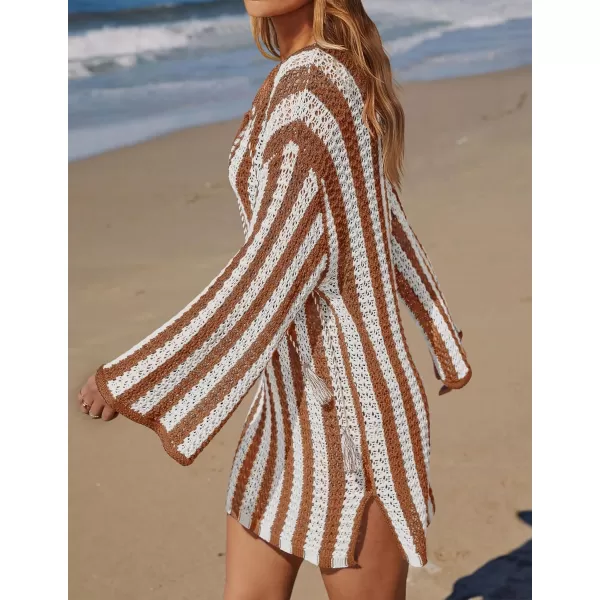 imageZESICA Womens Summer Crochet Swimsuit Cover Up Knit Hollow Out Bikini Bathing Suit 2024 Mesh Swimwear Beach DressBrown