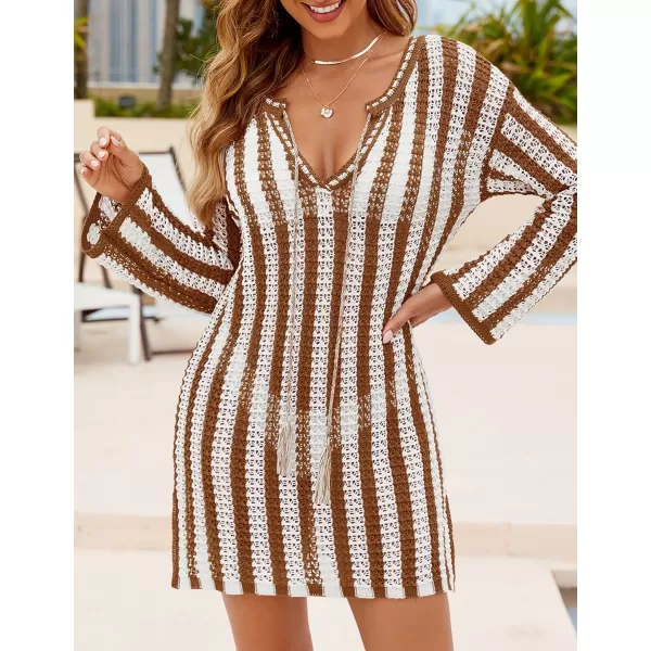 imageZESICA Womens Summer Crochet Swimsuit Cover Up Knit Hollow Out Bikini Bathing Suit 2024 Mesh Swimwear Beach DressBrown