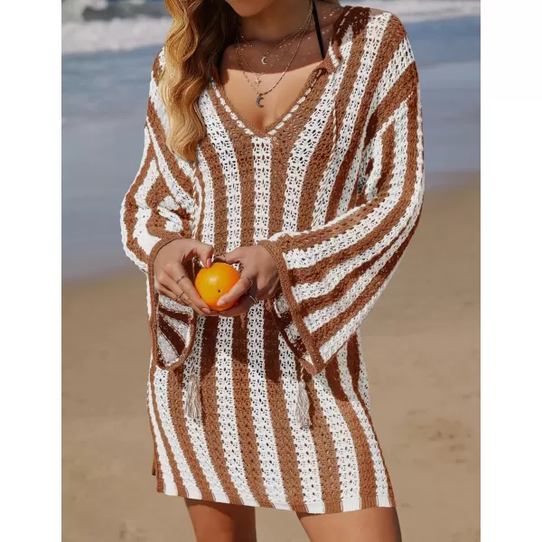 imageZESICA Womens Summer Crochet Swimsuit Cover Up Knit Hollow Out Bikini Bathing Suit 2024 Mesh Swimwear Beach DressBrown