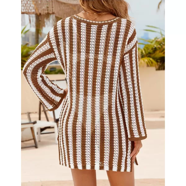imageZESICA Womens Summer Crochet Swimsuit Cover Up Knit Hollow Out Bikini Bathing Suit 2024 Mesh Swimwear Beach DressBrown